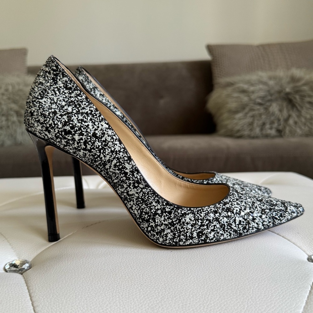 Jimmy Choo ROMY 100 Pointy Toe Pump Heel Shoes Black White Glitter 38.5